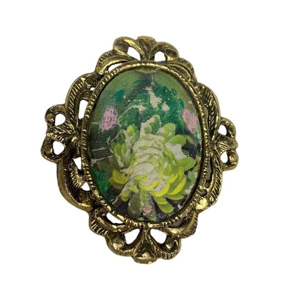 Vintage Goldtone Eggshell Brooch Pendant Rose Overaly 2.5" - Picture 1 of 8